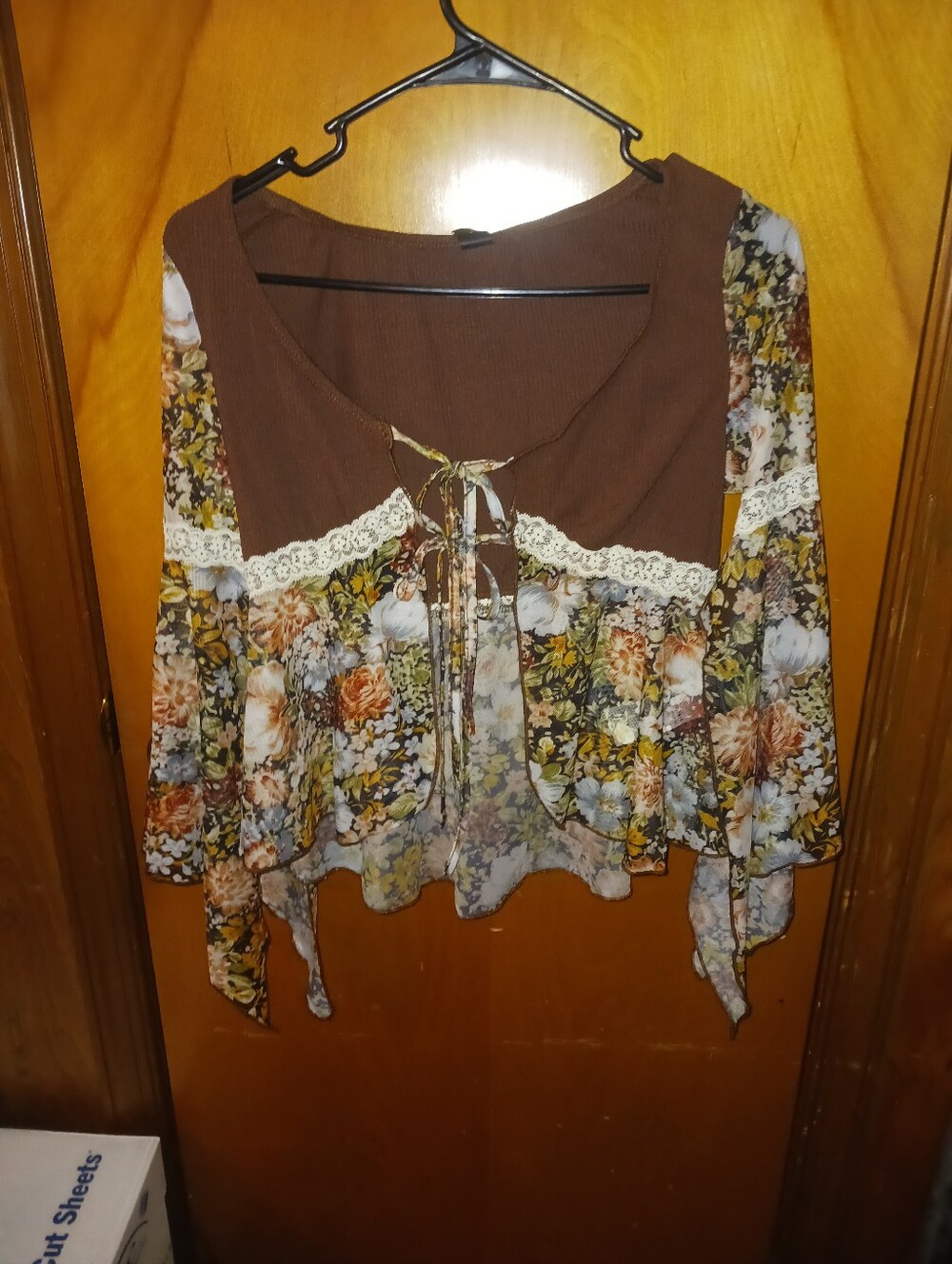 SHEIN Brown Floral Lace-Trim Tunic Top